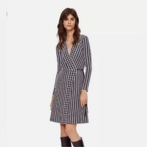 Tory Burch Navy Oxford Stripe Jacquard Long Sleeve Wrap Dress